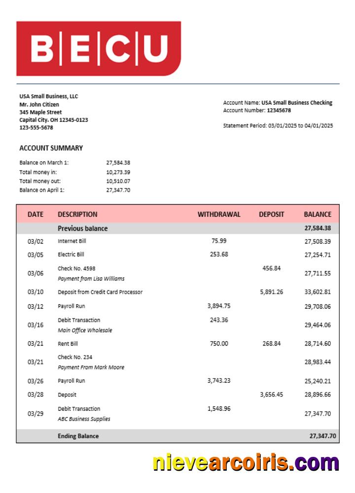 BECU business bank statement